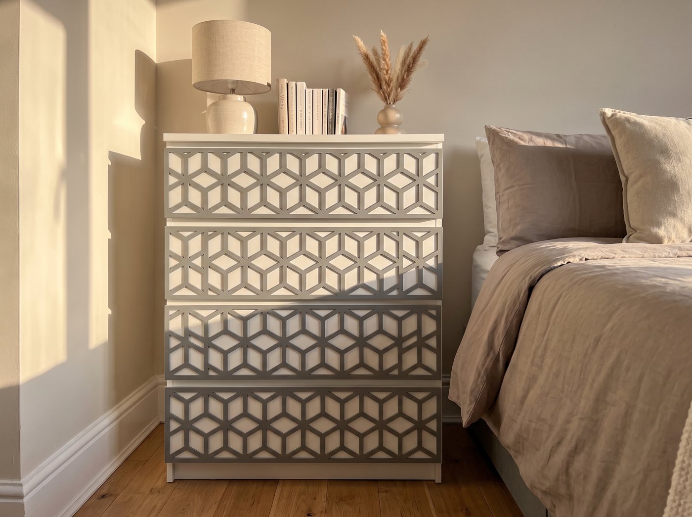 Grey acrylic overlay shown on IKEA furniture