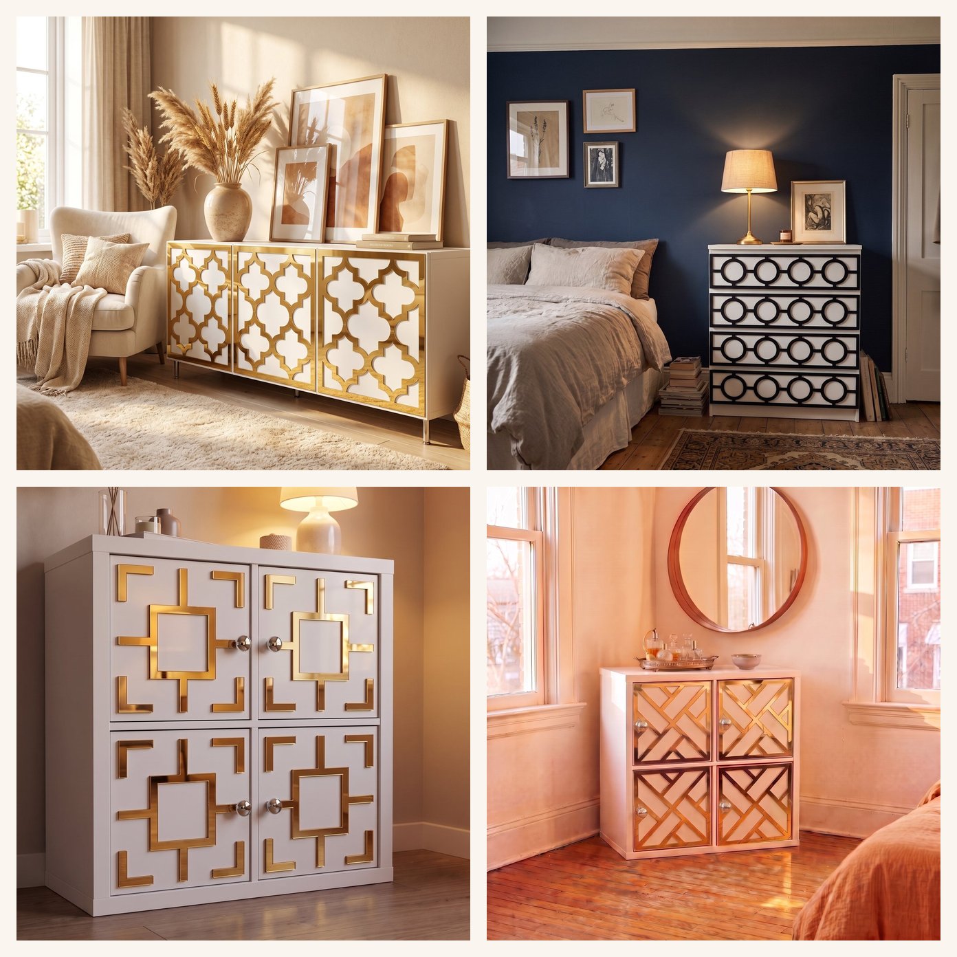 Acrylic overlay panels in white, black, gold and silver mirror finishes