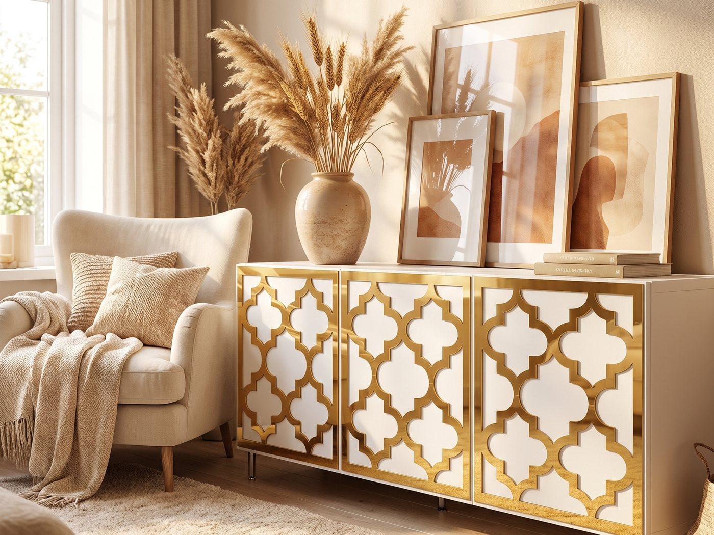 The same sideboard transformed with gold mirror arabesque overlays