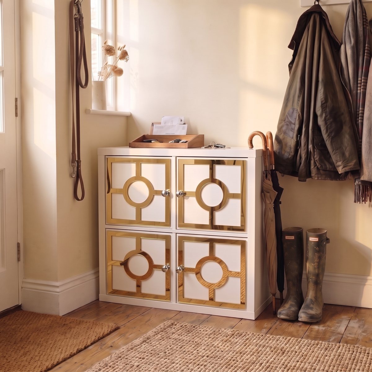IKEA Kallax cube with chrome mirror overlay in a warm hallway
